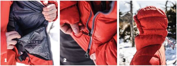1 재킷 안쪽 큼지막한 주머니는 겨울철 장갑이 얼지 않게 품고 있기 좋다.2 위 아래로 열리는 투웨이 지퍼로 등반 시 빌레이를 볼 수 있도록 설계되었다. 큰 지퍼 손잡이로 부드럽고 쉽게 지퍼를 올리고 내릴 수 있어 편하다.3 큼지막한 모자는 헬멧을 착용하고도 쓸 수 있게 만들어졌으며, 몸통 부분 못지않게 빵빵해 보온성이 매우 뛰어나다.