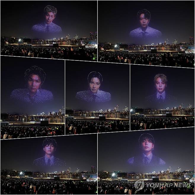 밤하늘 수놓은 BTS 멤버들 (서울=연합뉴스) 최재구 기자 = 방탄소년단(BTS)의 완전체 컴백 공연을 하루 앞둔 20일 밤 서울 뚝섬한강공원에서 관련 드론쇼가 펼쳐지고 있다. 2026.3.20 jjaeck9@yna.co.kr