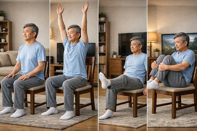 거동이 조금 불편해도 의자 하나만 있으면 충분히 운동할 수 있다. 의자에 앉아 다양한 운동을 하고 있는 모습. 챗GPT 그림
