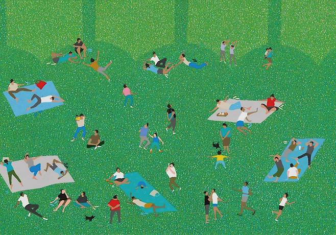 나강 作 '휴식'. 같은 공간에 있지만, 서로를 향하지 않는 인물들. 나강의 작업은 ‘함께 있었지만 닿지 못한 시간’을 구조로 드러낸다.