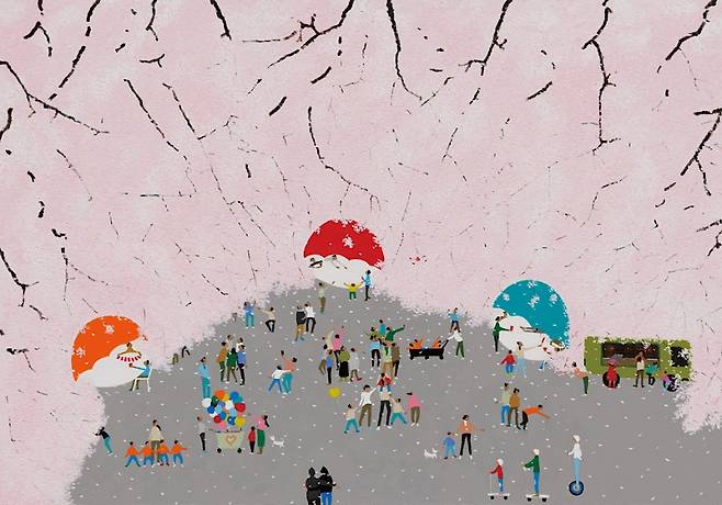 나강 作 '.  모여 있지만 연결되지 않는 관계. 균열과 군중이 겹치며, 하나로 묶이지 않는 감각이 드러난다.