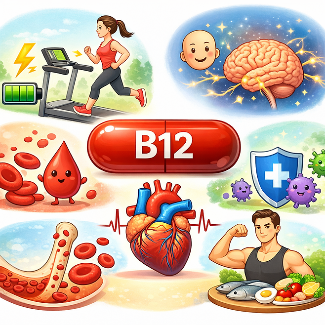 비타민 B12의 효능을 그림으로 그려달라는 요청에 생성 AI가 만든 이미지. 뇌와 혈관건강 개선에 효과가 있다고 표현했다. 이 영양소는 뇌세포 건강을 유지하고 기억력 감퇴를 방지하는 역할은 물론 우울증 위험을 낮추는 것과도 관련이 있다. [챗GPT]