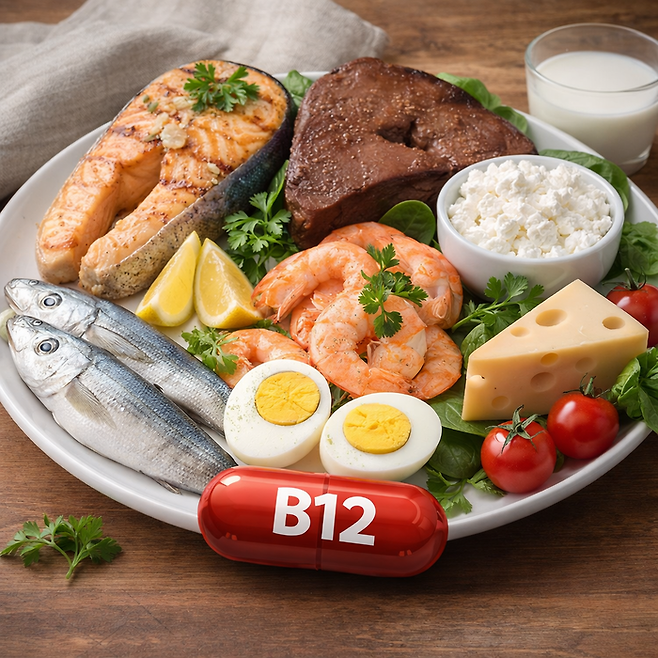 비타민 B12를 섭취하기 좋은 식단을 키워드로 생성AI가 만든 이미지. 연어와 새우, 치즈와 계란 등 평소 우리가 먹는 식재료에 풍부하게 들어 있다. [챗GPT]