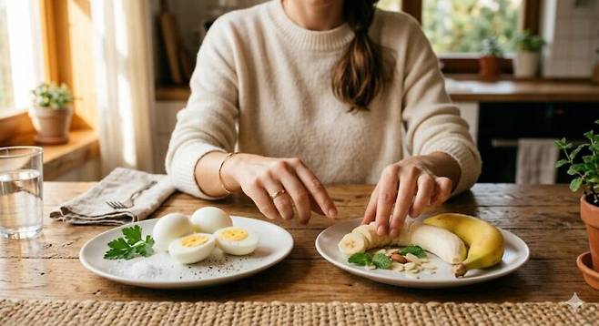 다이어트 중 많이 찾는 삶은 달걀과 바나나는 포만감 유지와 에너지 공급이라는 선택 기준이 다르다. 사진=AI생성