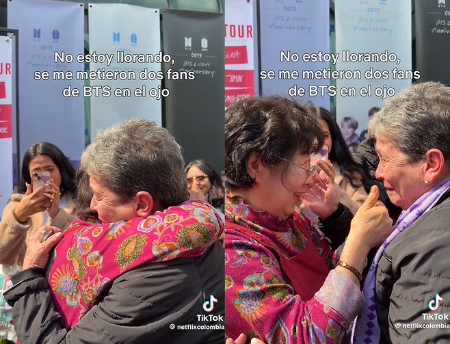 그룹 방탄소년단(BTS)의 컴백 공연을 계기로 한국을 찾은 60대 콜롬비아 ‘아미’(ARMY·BTS 팬덤명)가 BTS 멤버들이 연습생 시절 자주 방문해 유명해진 ‘유정식당’을 찾아 사장인 70대 강선자 씨와 만났다. 넷플릭스콜롬비아 틱톡 캡처