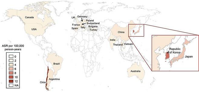 한국은 담도암 발병률이 칠레에 이어 두 번째로 높다. 국가별 담도암 전체 발생률(2008-2012)을 시각화한 세계지도. 이미지: Seonjeog Woo et al. J Liver Cancer 2025