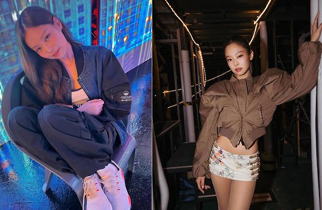 제니 인스타그램(왼쪽), 지난 1월 17일 도쿄에서 개최된 블랙핑크 <데드라인(Deadline)> 월드 투어에서 MA-1 항공 자켓 모티브의 알렉산더 맥퀸 자켓을 입은 제니. 알렉산더 맥퀸 공식 인스타그램 @alexandermcqueen
