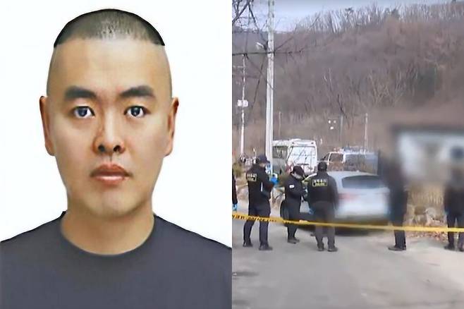 남양주 스토킹 살인범 김훈. 오른쪽은 지난 14일 경기 남양주시 오남저수지 인근 사건 현장. 경기북부경찰청 제공·YTN 보도화면 캡처