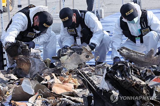 1년여만에 다시 드러난 여객기 잔해 (무안=연합뉴스) 김혜인 기자 = 12일 무안국제공항에서 국립과학수사연구원 관계자들이 12·29 제주항공 여객기 참사 사고기 잔해를 조사하고 있다. 2026.2.12 in@yna.co.kr