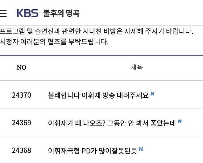 '불후의 명곡' 시청자 게시판 / 사진 = '불후의 명곡' 시청자 게시판 캡처