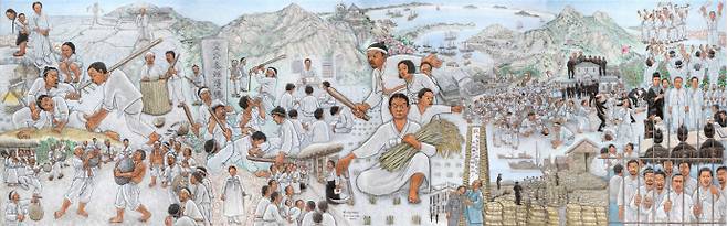 암태도 1923년. 홍성담, 전정호, 박성우 작가들이 그린 암태도 소작쟁의. 신안군 제공