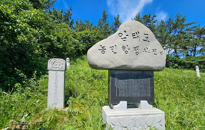 신안군 암태면 기동리 입구 서태석 가묘. 추모비는 1981년에 건립됐으며(왼쪽), 서태석이 독립유공자로 서훈받은 후 지난 2008년 대전 국립현충원으로 이장됐다.