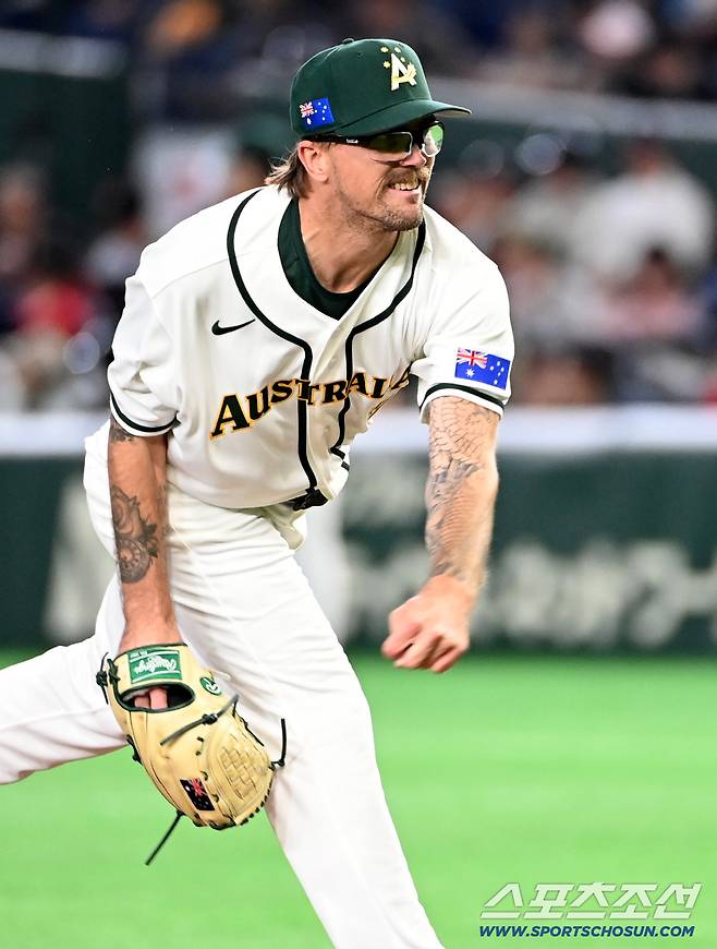 9일 일본 도쿄돔에서 열린 WBC(월드베이스볼클래식) 한국과 호주의 경기, 호주 선발투수 라클란 웰스가 역투하고 있다. 도쿄(일본)=허상욱 기자wook@sportschosun.com/2026.03.09/
