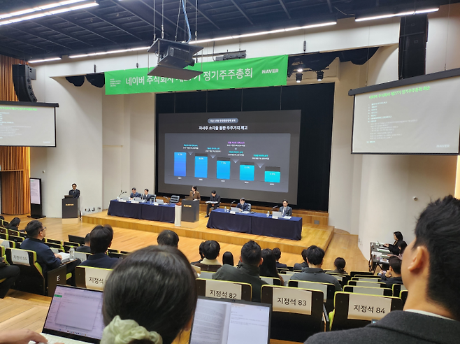 최수연 네이버 최고경영자(CEO)가 23일 오전 경기 성남 그린팩토리에서 열린 제27기 네이버 정기주주총회에서 주주환원 정책 강화 관련해 설명하고 있다. 서소정 기자