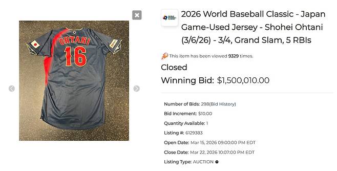 오타니 WBC 유니폼 경매, 150만 달러에 낙찰/MLB 옥션