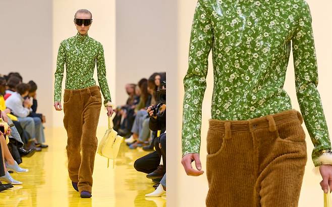 3D 프린팅과 라텍스 주조로 만든 상의와 털을 짧게 깎아 만든 시어링 코듀로이 팬츠. 사진 로에베 ⓒDaniele Oberrauch