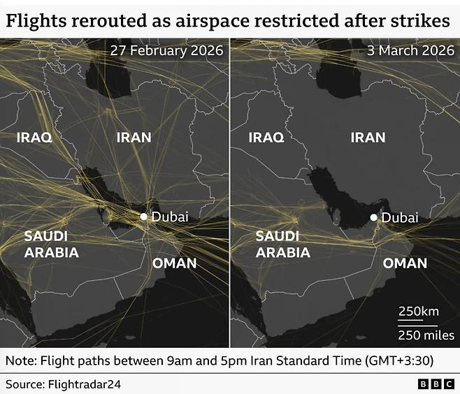 이란 전쟁 발발 전후의 항공 흐름(사진=BBC 캡처)