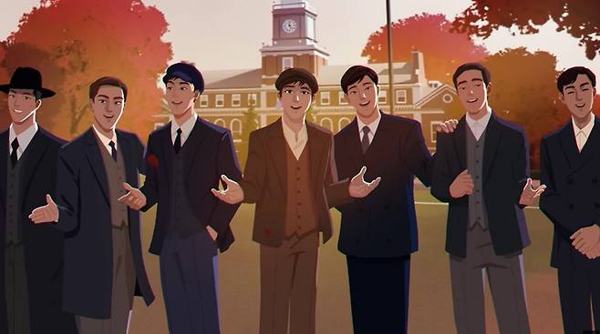 방탄소년단(BTS) 새 앨범 아리랑의 홍보 영상에서 BTS를 연상시키는 7명의 한국인 남성 캐릭터가 미국 하워드대 교정을 묘사한 장소에서 노래하는 모습.  BTS 공식 유튜브 채널