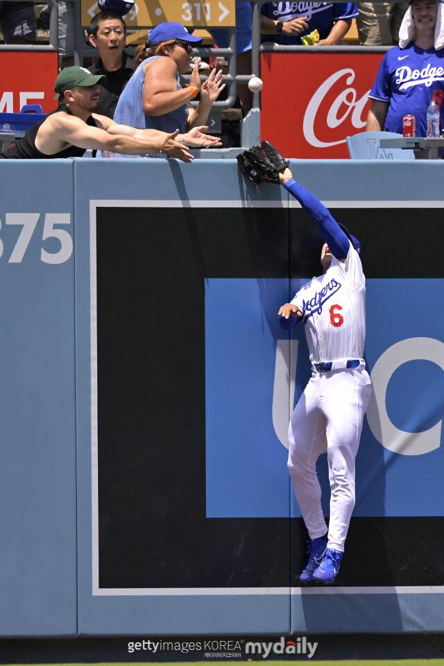 홈런성 타구를 잡아내려다, 오히려 홈런을 만들어준 LA 다저스 김혜성./게티이미지코리아