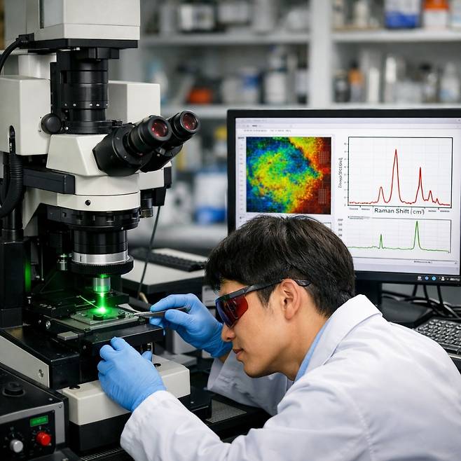 라만 현미경으로 분자를 관찰하는 모습(AI 생성 이미지).