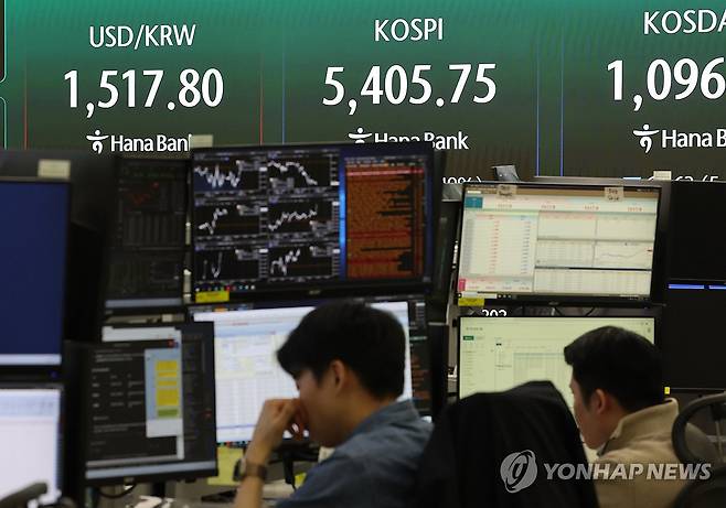 환율 상승, 코스피 하락 (서울=연합뉴스) 서명곤 기자 = 23일 서울 중구 하나은행 본점 딜링룸 전광판에 환율과 코스피가 표시돼있다. 이날 원/달러 환율은 16.7원 오른 1,517.3원, 코스피는 전장보다 375.45포인트(6.49%) 내린 5,405.75로 거래를 마감했다.  2026.3.23 seephoto@yna.co.kr