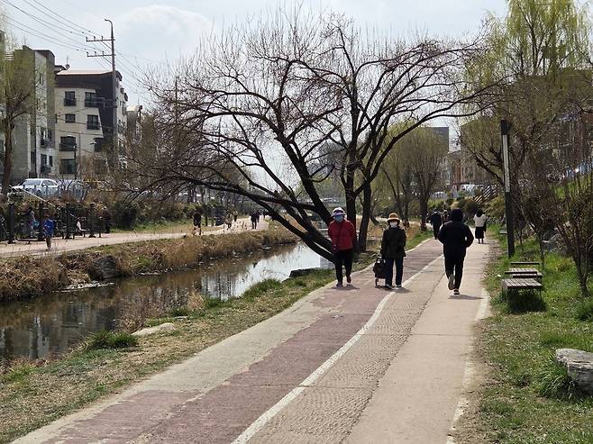 ▲ 24일 낮 1시쯤 수원천 인근에서 시민들이 산책과 러닝을 즐기고 있다.