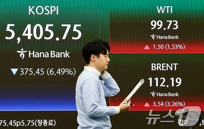 중동분쟁 불확실성 고조로 국제유가가 급등하고 있는 23일 오후 서울 중구 하나은행 딜링룸 전광판에 코스피 종가와 국제 유가 선물이 표시되어 있다./제공=뉴스1