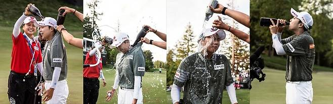 파운더스컵&nbsp;우승 후 최혜진 등으로부터 축하 세례를 받는 김효주. 그는 동료 선후배들에게 늘 인기가 많다. LPGA 페이스북