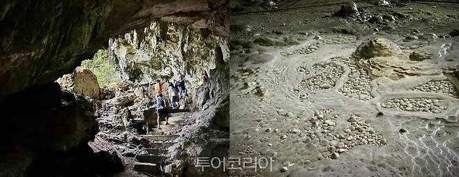 통가 케이브 내부 전경(왼쪽)과 물방울이 빚어낸 석회암 지형(오른쪽)./ 사진- 박은하 기자