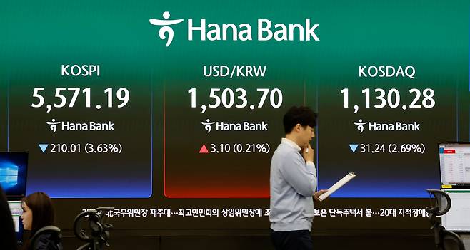 23일 오전 서울 중구 하나은행 딜링룸 전광판에 지수가 표시 되고 있다./뉴시스