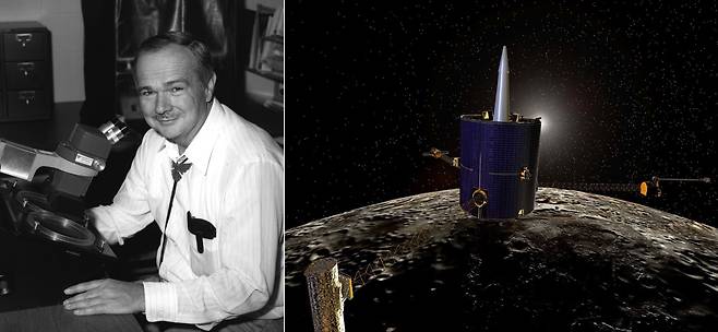 미국의 달 탐사선 루나 프로스펙터(오른쪽)는 19개월 임무를 마치고 1999년 7월 31일 달의 남극 근처에 충돌했다. 그 안에 미국의 지질학자인 유진 슈메이커(왼쪽)의 유해가 담긴 캡슐이 있었다./USGS, NASA