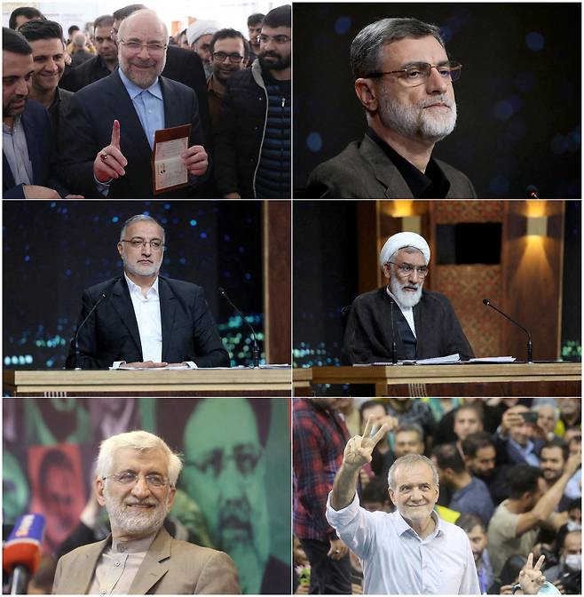 이란 내 주요 최고지도자 후보로 거론된 모하마드 바케르 칼리바프(왼쪽 위), 아미르 호세인 가지자데 하셰미(오른쪽 위), 알리레자 자카니(왼쪽 가운데), 모스타파 푸르모하마디(오른쪽 가운데), 사이드 잘릴리(왼쪽 아래), 마수드 페제시키안 현 이란 대통령. /연합뉴스