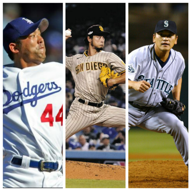 도호쿠 고교 출신 메이저리거. 왼쪽부터 사이토 다카시(전 LA다저스), 다르빗슈 유(샌디에이고), 사사키 가즈히로(전 시애틀) 한국일보 자료사진