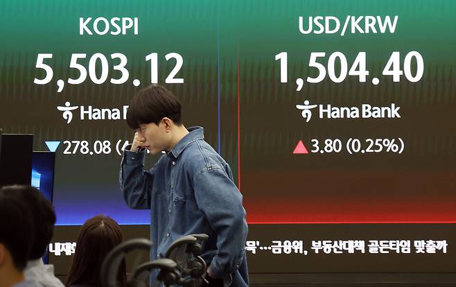 코스피 급락에 매도 사이드카가 발동된 지난 23일 서울 중구 하나은행 본점 딜링룸 전광판에 코스피, 코스닥 지수가 표시돼 있다. ⓒ연합뉴스