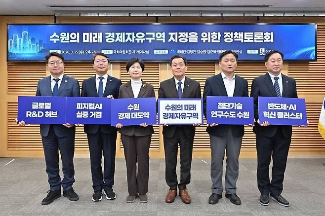 ▲ 김준혁 의원(오른쪽부터), 김영진 의원, 이재준 수원시장, 백혜련 의원, 김승원 의원, 염태영 의원이 토론회에서 함께하고 있다. /사진제공=수원특례시