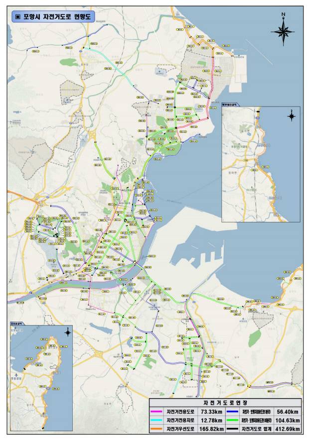 도심지역에 편중된 포항시 자전거도로, 시 외곽도시에는 남구 일부 지역을 제외하고는 시내를 연결하는 자전거 도로는 없는 것으로 나타났다. 사진 포항시 제공.