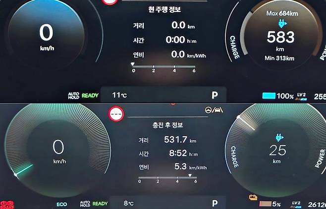 동해 출발 전 차량 계기판(위)과 서울 도착 후 계기판./사진: 강주현 기자