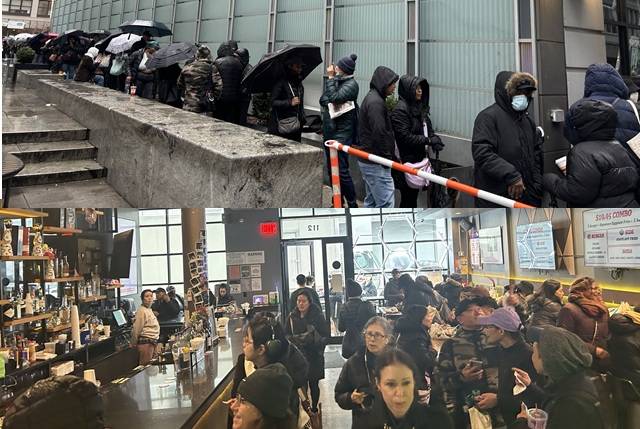 지난 23일(현지시간) 비 오는 날씨에도 최현석 셰프의 팝업 스토어 오픈을 기다리는 손님들(위)과 팝업 스토어에서 햄버거를 기다리는 손님들(아래). / 사진=염현석 특파원