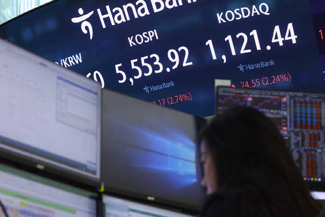 코스피가 전 거래일(5405.75)보다 148.17포인트(2.74%) 오른 5553.92에 마감한 24일 서울 중구 하나은행 딜링룸 전광판에 지수가 표시돼 있다. (사진=뉴시스)