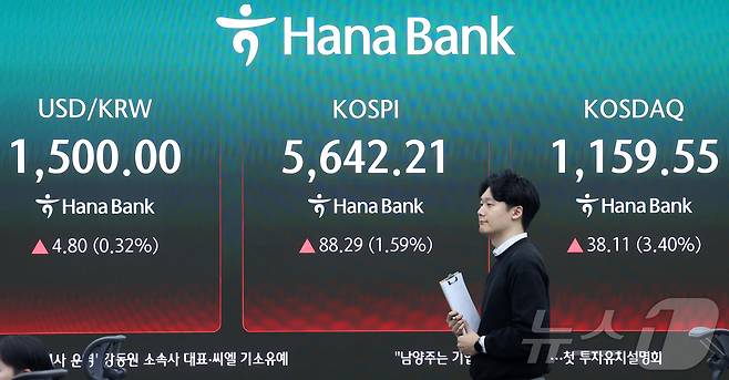 25일 서울 중구 하나은행 본점 딜링룸 전광판에 종가가 표시되고 있다. 2026.3.25 ⓒ 뉴스1 김성진 기자