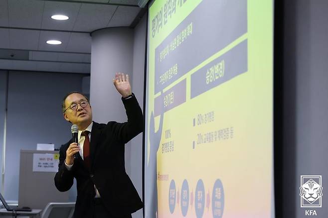 대한축구협회 이용수 부회장이 23일 광화문 HJ비즈니스센터에서 KFA 오픈 그라운드 심판 정책 발표회를 진행하고 있다. 제공 | 대한축구협회