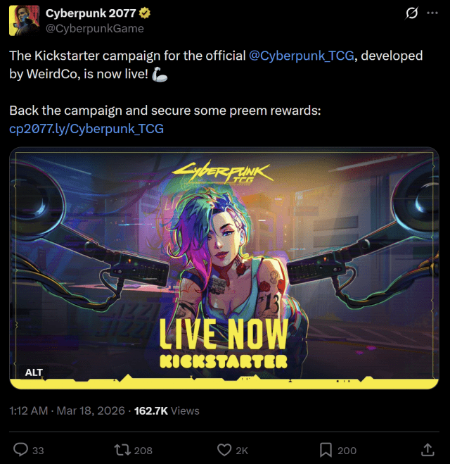 '사이버펑크 2077' 공식 X 계정에서 킥스타터를 통해 진행 중인 '사이버펑크 TCG' 펀딩 프로젝트를 소개하고 있다. 24일 기준 조회수는 약 16만회에 달한다. 사진=사이버펑크 2077 공식 X 계정