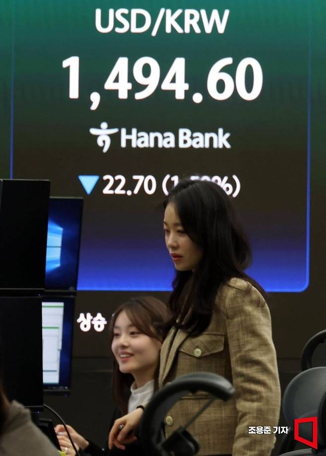 미국과 이란의 전쟁 협상 기대감에 뉴욕증시가 반등 마감한 가운데 원/달러 환율도 하락 출발한 24일 서울 하나은행 본점 딜링룸에서 직원들이 업무를 보고 있다. 이날 코스피 지수는 전 거래일 대비 232.45포인트(4.30%) 오른 5,638.20에, 코스닥은 37.27포인트(3.40%) 오른 1,134.16, 원·달러 환율은 26.4원 내린 1490.9원에 거래를 시작했다. 2026.3.24 조용준 기자