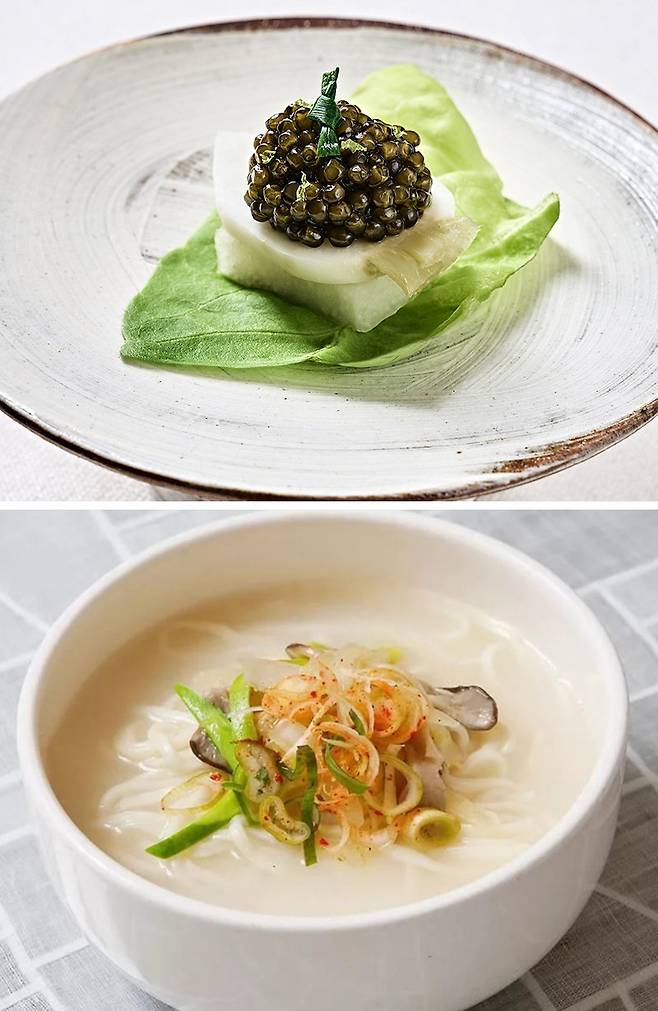 미쉐린 가이드 한국편이 발간된 지 10주년이 되면서 한국의 식당과 다양한 음식에 대한 관심도 높아지고 있다. 미쉐린 1스타를 받은 서울 강남구 기와강(위 사진)과 빕 구르망에 선정된 서울 종로구 황생가 칼국수. 미쉐린가이드코리아 제공