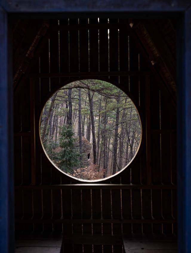 연미산자연미술공원 내부 쉼터 창문에서 바라본 숲의 모습.