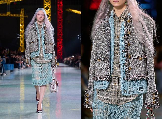 샤넬 2026 가을·겨울 컬렉션에서 선보인 트위드 룩. 브랜드의 전통적인 트위드 룩에 다양한 실험을 시도해 새로운 샤넬 룩을 완성했다. 사진 샤넬