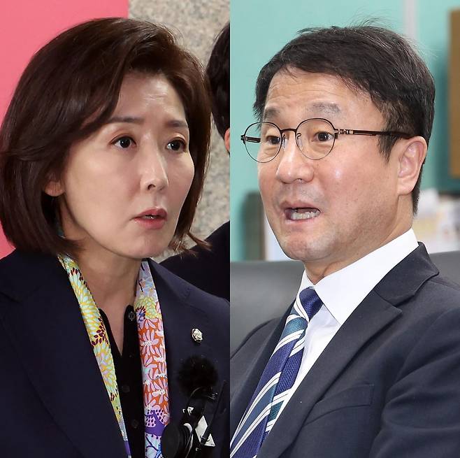 나경원 국민의힘 의원이 25일 오전 서울 여의도 국회에서 '민주당의 상임위독식예고 규탄, 법사위원장 야당에 반환촉구' 기자회견을 하고 있다. 오른쪽은 한병도 더불어민주당 원내대표가 24일 전북 전주시 전북특별자치도의회 기자실에서 현안 관련 간담회를 열고 질의에 답변을 하고 있다. 뉴스1