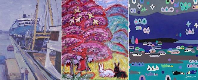 왼쪽부터 오지호의 ‘항구’(1975), 오승우의 ‘봄’(1986), 오승윤의 ‘The Village’(2002). 3대에 걸친 작가의 작품. /갤러리나우 제공