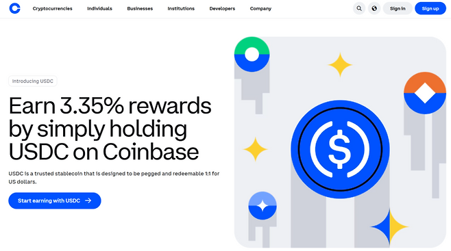 코인베이스에서 USDC를 예치해 두면 연 3.35%의 리워드를 받을 수 있다고 홍보하고 있다. 사진=코인베이스 홈페이지 캡쳐