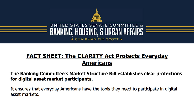 올해 1월 미 상원 은행위원회가 공개한 ‘클래리티 법안(CLARITY Act)’ 팩트시트. [출처=미 상원]